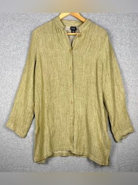 Eileen Fisher Jacket Womens L Olive Green Linen Ramie Blend Button Lagenlook